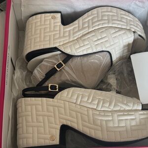 Vince Camuto Cream Quilted Platform Slingback Heels with Black Trim